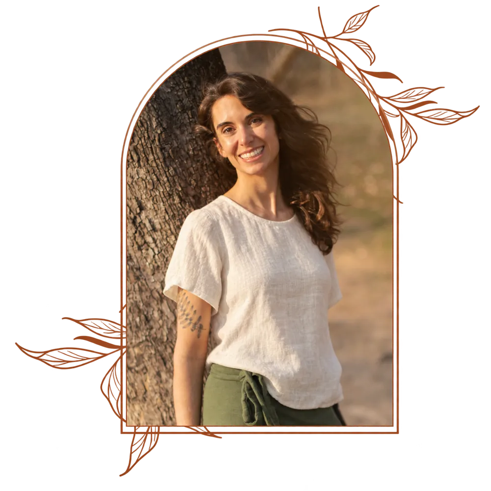 Sofia smiling outdoors beside a tree, framed by botanical illustrations