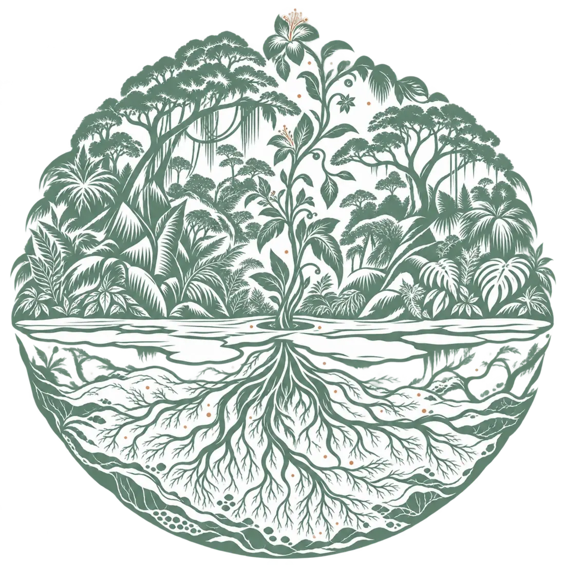 An illustrated globe showing conscious awareness above a sheet of ice and deep roots below